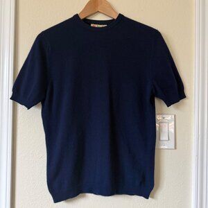 VTG Pringle Of Scotland Navy Blue 100% Pure Cashmere Short Sleeve Sweater Sz 40